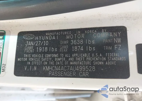 2010 Hyundai Accent Gls z USA, uszkodzony, nr VIN KMHCN4AC7AU499528